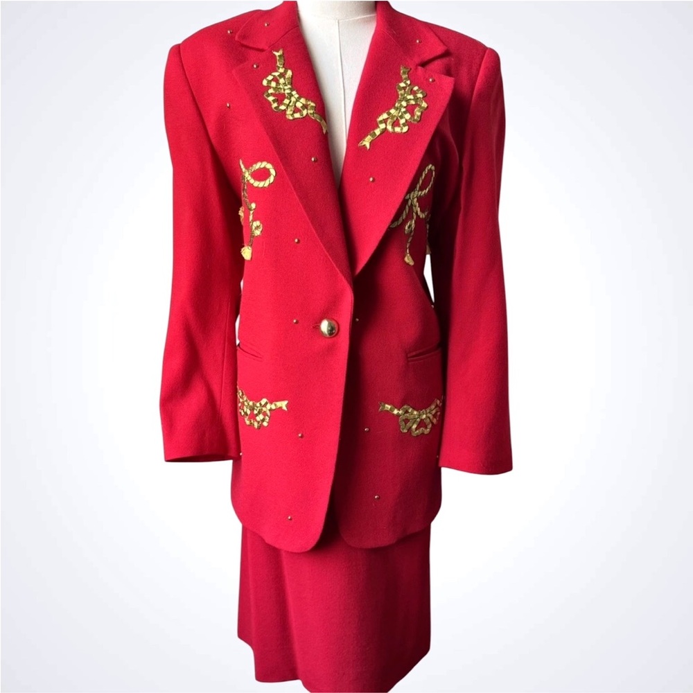 Vintage Harlan Red Suit Gold Rope Bow Studded Western Blazer Skirt Set
